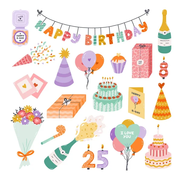 かわいい手描きの誕生日セット トレンディな休日の要素 パーティーの装飾 カップケーキ キャンドル ギフト パーティー帽子 子供のための幸せな誕生日のクリップコレクション お祝いのシンボル 記念日 — ストックベクタ