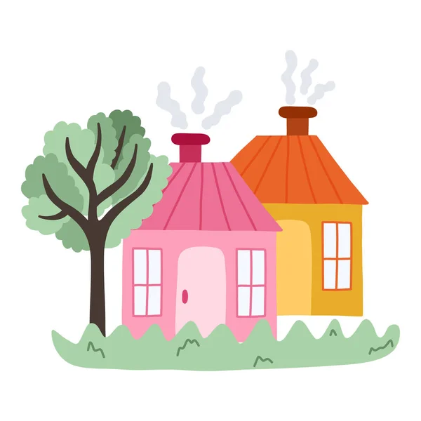 煙突付きのかわいい手の描画カントリーハウス 子供の寝室や保育園のデザインのための木や芝生と居心地の良い村のコテージ 村の建物 田舎の家の風景の外観 — ストックベクタ
