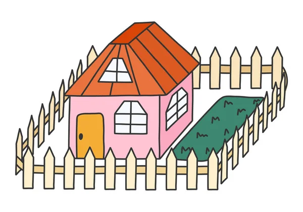 Cute Hand Drawn Country House Door Window Attic Cozy Village — Stock Vector