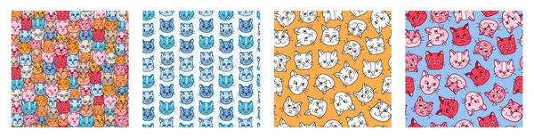 Stock vector Set of simple seamless pattern with cat s faces close up with different emotions. Cute print with hand drawn doodle kitten. Cute wallpaper print for trendy fabric design. Creative background