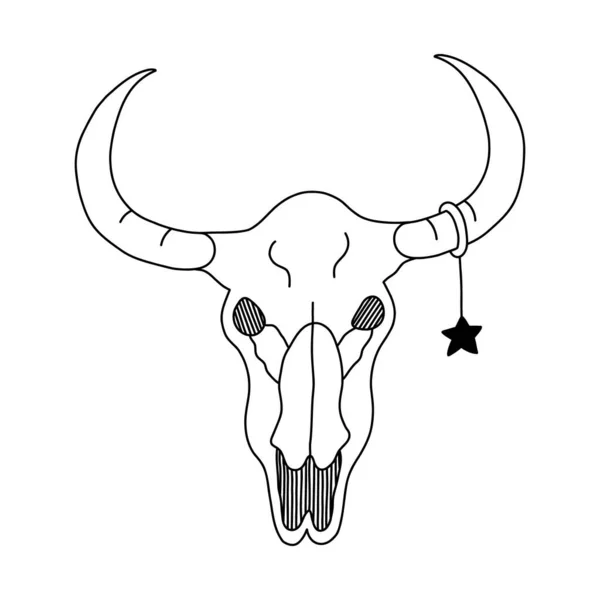 简单的公牛头盖骨涂鸦 角上有星形耳环 手绘轮廓 前面是奶牛雕刻头骷髅的肖像 西方文化 牛仔女孩 土生土长的美国人 得克萨斯州的标志 — 图库矢量图片