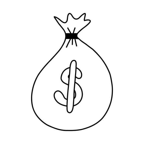 ドルサイン付きのマネーバッグのアウトラインを手で描いたおかしい落書き 成功と子供のスタイルの支払いのシンボル 白い背景に単離された大きなシンプルな落書きモネバッグ — ストックベクタ