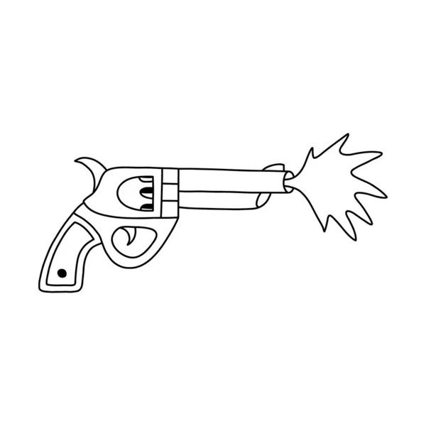 Simple Cowboy Gun Bang Sign Hand Drawn Outline Magnum Revolver — Stock Vector