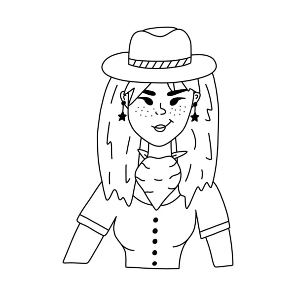 Mão Desenhada Elegante Jovem Cowgirl Vestindo Chapéu Bandana Shirt Brincos —  Vetores de Stock