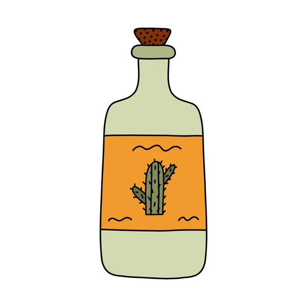 カクタスラベル付きテキーラボトルのアウトライン付きのシンプルな手描きの落書き カラフルなスタイルの伝統的なメキシコのアルコール飲料アイコン 白い背景に隔離されたパーティードリンクとスピリッツクリップ — ストックベクタ