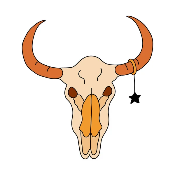 Simple Colorful Doodle Bull Skull Star Earring Horn Hand Drawn — Stock Vector