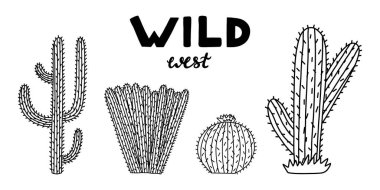 Meksika 'dan ya da Vahşi Batı Çölü' nden saguaro kaktüsü getirmişler. Çizgi film tarzında dikenli basit kaktüs çiçeği. Meksika dikenli egzotik bitkisi beyaz arka planda izole edildi.