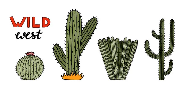 Zestaw Słodkich Ręcznie Rysowanych Kaktusów Saguaro Meksyku Lub Pustyni Wild — Wektor stockowy