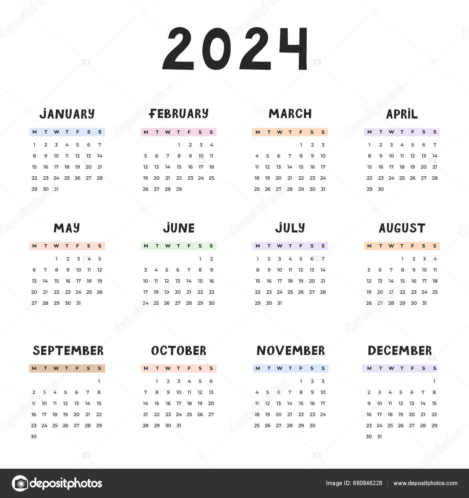 Cute Minimal Calendar Template 2024 Year Weeks Starts Monday Calendar ...