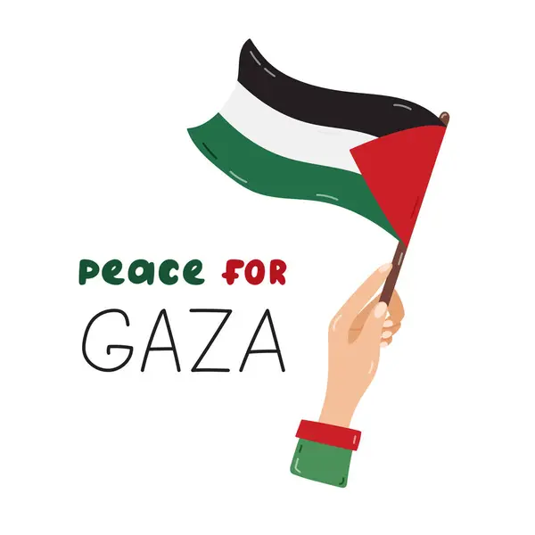stock vector Peace for Gaza poster with lettering and hand holding Gaza flag. Palestine design concept of save and support. Simple hand drawn clipart for poster, banner, wallpaper, flyer, t shirt, post