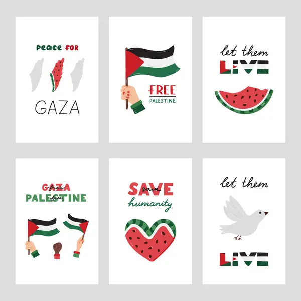 stock vector Free Palestine set of posters with lettering and simple hand drawn clipart of Gaza flag, watermelon slices, peace dove. Concept of support and stand with Palestine. Let Them Live, Save Humanity.