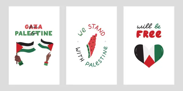 stock vector We Stand with Palestine set of posters with lettering and simple hand drawn clipart of Gaza flag in the hand, watermelon in the shape of map of Israel and Gaza. Concept of support Palestine.
