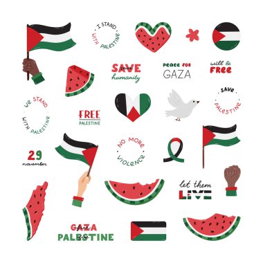 Filistin 'i Kurtarın' ın büyük bir karikatür seti. Harfleri ve el çizimi klipleri var. Karpuz dilimi, Gazze bayrağı, yumruk, barış güvercini, kalp. Beleş Gazze posteri, afişi, duvar kağıdı, broşürü, tişörtü için basit karalama.