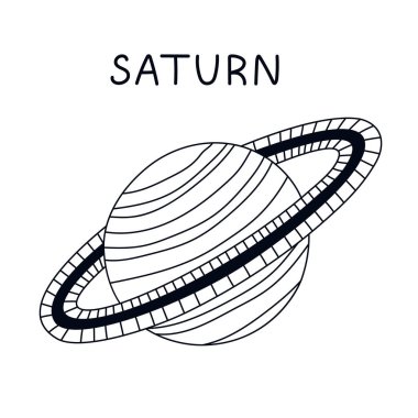 Siyah beyaz şirin bir el çizilmiş Satürn. Gaz dev gezegeni Güneş Sistemi, Galaksi. İzole edilmiş çocukça karalama. Çocuk eğitimi, bilgi ve astroloji posterleri için gökbilim organı.