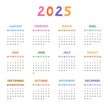 Cute minimal calendar template for 2025 year with weeks starts on Monday. Calendar grid with funky font for kids nursery, corporate office, stationery. Square monthly calender layout for planning clipart