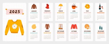 Cute calendar template for 2025 year with cozy scandinavian clipart. Calendar grid with weeks starts on Monday for kids nursery, corporate office. Horizontal monthly calender layout for planning. clipart