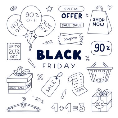 Cool Black Friday seti, el çizimi karalama. Etiketlerin fiyatı, balon, hediye kutusu, kupon, sıcak satışın tanıtımı için sepet. Çevrimiçi ve çevrimdışı alışveriş için basit bir karalama listesi.