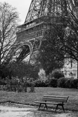 Paris 'teki Eyfel Kulesi' nin eteğindeki boş halk bankı siyah beyaz - Fransa