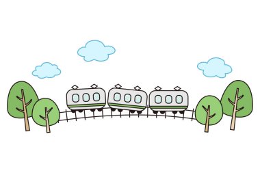 Trenle seyahat etmenin tasviri - bulutlu ve ağaçlı arka plan