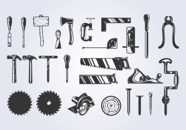 Marangozların koleksiyon seti araç vintage illüstrasyon vektör tasarımı, marangozluğun simgesi