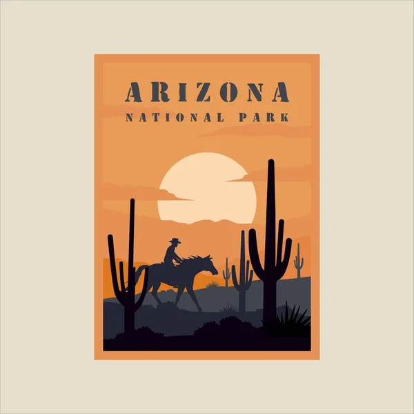 arizona national park minimalist vintage poster illustration template graphic design.cowboy and horse at desert cactus at landscape sunset view for business travel