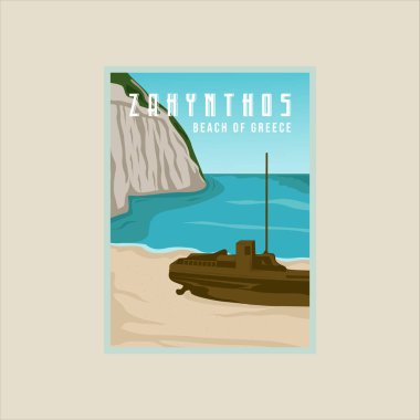 zakynthos plajı poster çizim şablonu grafik tasarımı. Yunanistan 'ın seyahat veya turizm sektörü bayrağı