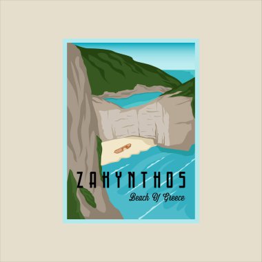 zakynthos plajı poster çizim şablonu grafik tasarımı. Yunanistan 'ın seyahat veya turizm sektörü bayrağı