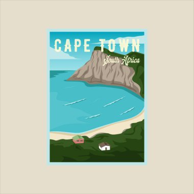 Cape Town sahil poster vektör çizim şablonu grafik tasarımı. Ünlü Güney Afrika adası iş seyahati veya macera eğlence konsepti manzarası