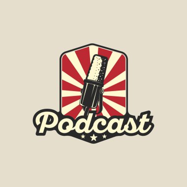microphone emblem logo vintage vector illustration template icon graphic design. podcast station sign or symbol for broadcast or radio concept with retro badge typography style