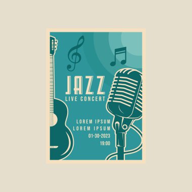 microphone and acoustic guitar vector poster vintage minimalist illustration template graphic design. jazz festival banner invitation or inscription live music and place for text in retro style