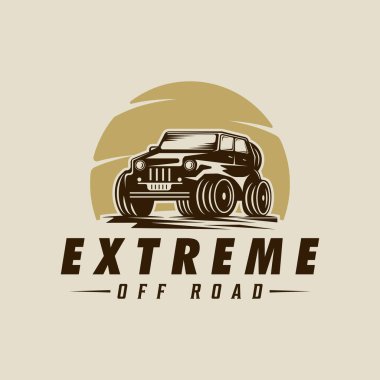 Güneş logosu klasik vektör çizim şablonu ikon grafik tasarımı olan off road vagonu. Macera için açık hava işareti veya geçmişe dönük konseptli sembol aracı