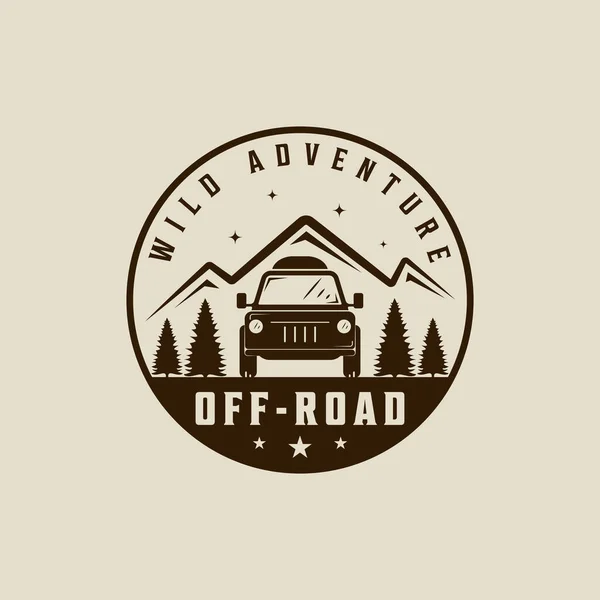 stock vector off road car logo vintage vector illustration template icon graphic design. vehicle for adventure outdoor with mountain and pine tree landscape sign or symbol with retro typography with badge