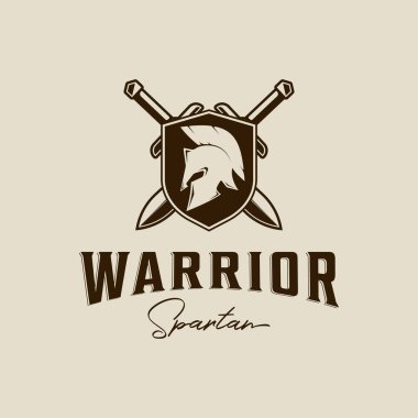 Sparta logosunun kalkanı ve kılıcı klasik vektör çizim şablonu grafik tasarımı. Miğfer ve savaşçı işareti ya da iş ya da spor konsepti için retro tipografi tarzı bir sembol