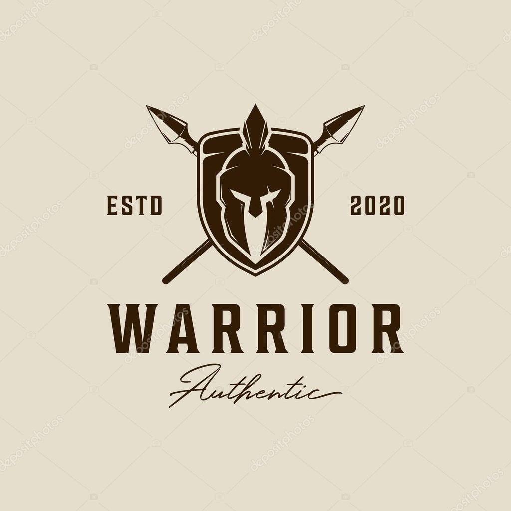 Shield and spear with helmet of spartan logo vintage vector illustration template icon graphic design. warrior and weapon sign or symbol for business and sport concept with retro typography style
