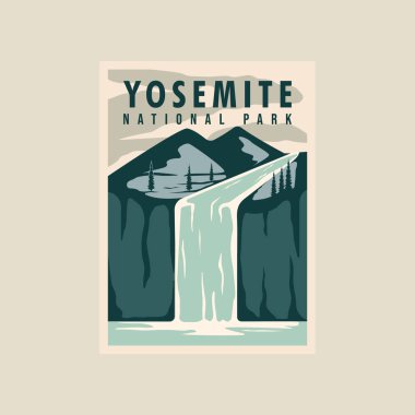 Yosemite Ulusal Park Poster Resimleri Grafik Tasarımı. Doğada şelale, dağ manzaralı afiş ve seyahat ve turizm sektörü konsepti için imza.