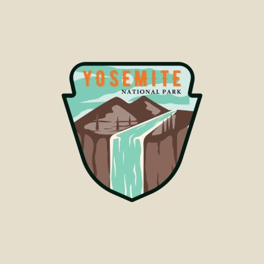 Yosemite ulusal park amblemi vektör çizim şablonu grafik tasarımı. Doğada şelale, dağ manzaralı afiş ve seyahat ve turizm sektörü konsepti için imza etiketi.