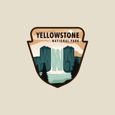 Yellowstone Ulusal Parkı amblem vektör çizim şablonu grafik tasarımı. Doğada şelale güzel peyzaj afişi ve işaret levhası seyahat ve turizm sektörü konsepti