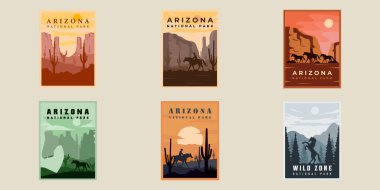 Arizona ya da vahşi yaşam poster taşıyıcısı klasik minimalist illüstrasyon şablonu grafik tasarımı. Çeşitli şehir simgelerinden veya tatil pankartlarından ve dekorasyon seyahat işlerinden oluşan paket koleksiyonu