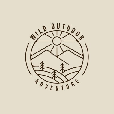 Dağ ve çam manzarası logo hattı sanat vektör illüstrasyon ikon grafik tasarımı. vahşi macera doğa işaret ya da sembol seyahat ya da çevre iş rozeti ile