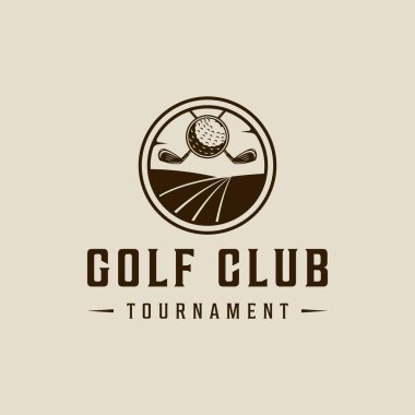 Golf sahası logosu, klasik illüstrasyon şablonu, ikon grafik tasarımı. sopa ve top spor işareti veya turnuva sembolü veya kulüp konsepti