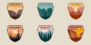 Arizona amblem logo vektör çizim şablonu ikon grafik tasarımı seti. Çeşitli vahşi yaşam ya da doğa işaretleri ya da iş seyahati sembolleri ya da rozetli macera konseptinin demet koleksiyonu