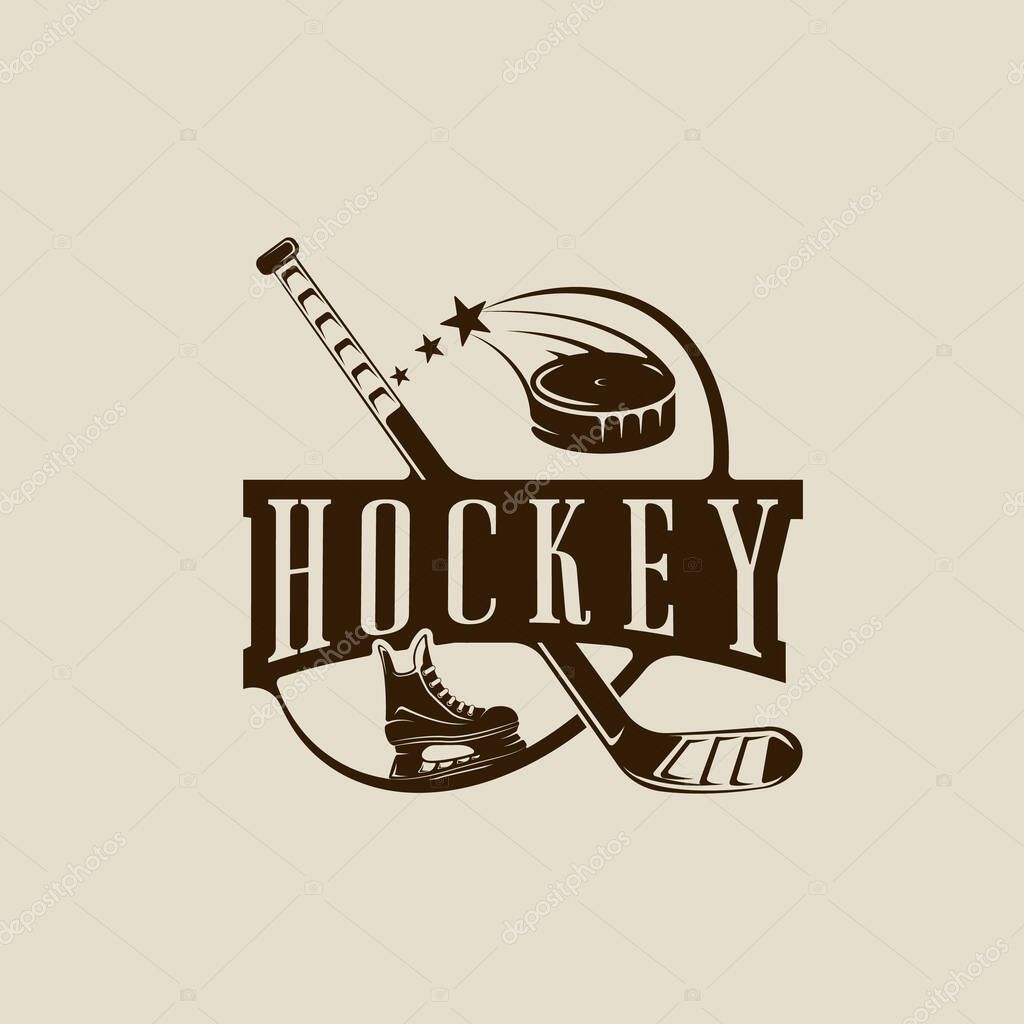 Ice hockey logo vector vintage illustration template icon graphic design. shoes puck stick winter sport equipment sign or symbol for tournament or club shirt print stamp concept