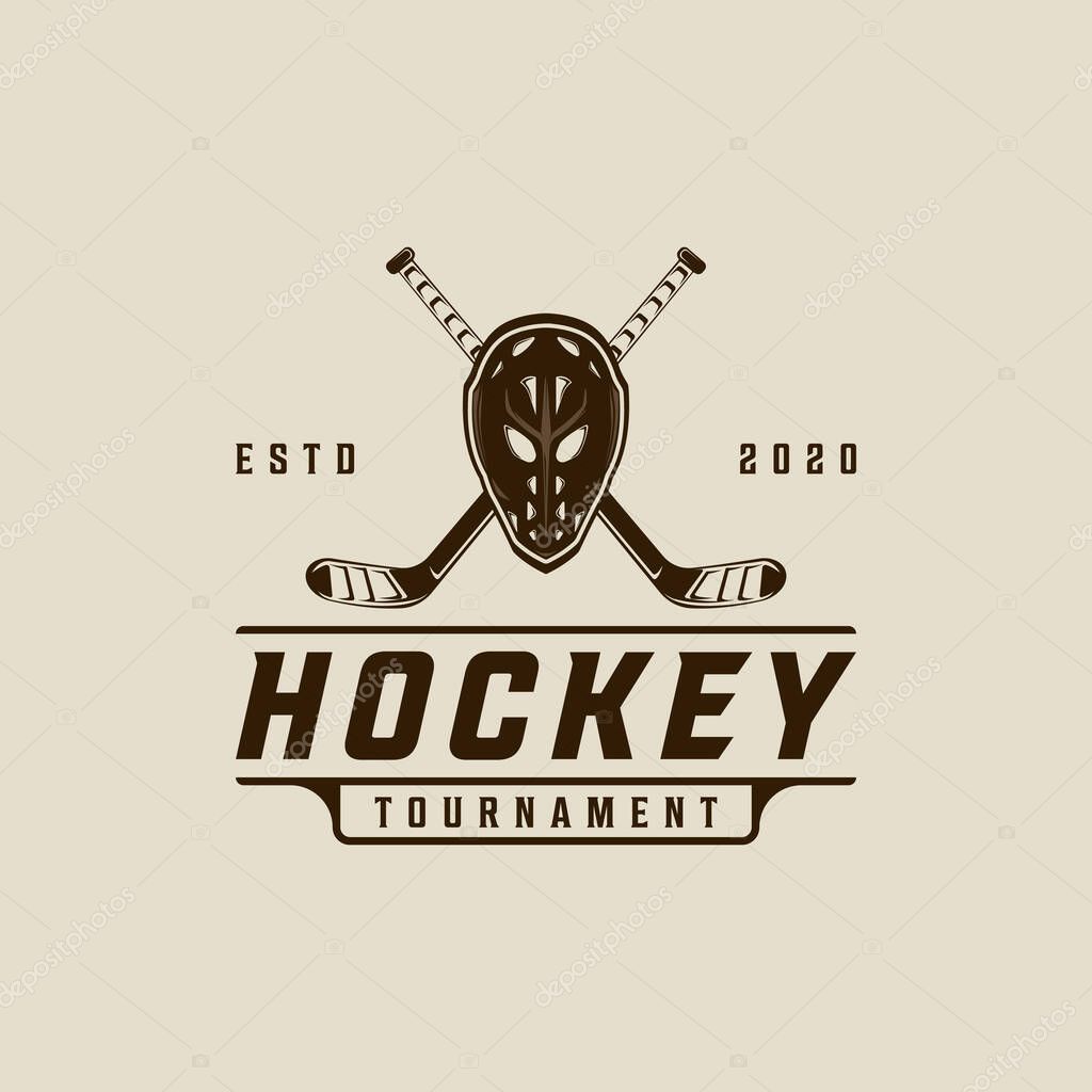 Mask and stick ice hockey logo vector vintage illustration template icon graphic design. winter sport sign or symbol for tournament or club shirt print stamp concept