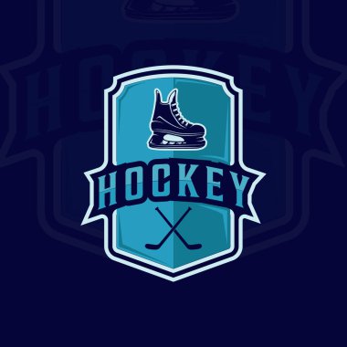 Buz hokeyi amblemi logo vektör çizim şablonu ikon grafik tasarımı. paten ve hokey sopası işareti ya da kulüp veya takım sporu için rozet kalkanı olan bir sembol.