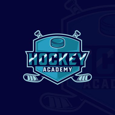 Buz hokeyi amblemi logo vektör çizim şablonu ikon grafik tasarımı. puck ve hokey sopası işareti veya rozet kalkanı ile kulüp veya takım sporu