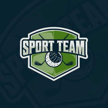 Golf sopası amblemi logo vektör illüstrasyon şablonu ikon grafik tasarımı. sopa ve top spor işareti ya da turnuva sembolü ya da rozet kalkanı kavramına sahip lig takımı