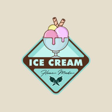 Dondurma topları logo amblemi vektör çizim şablonu ikon grafik tasarımı. yiyecek dondurulmuş veya gelato gelateria işareti ve rozet tipografisi tarzında atölye için sembol