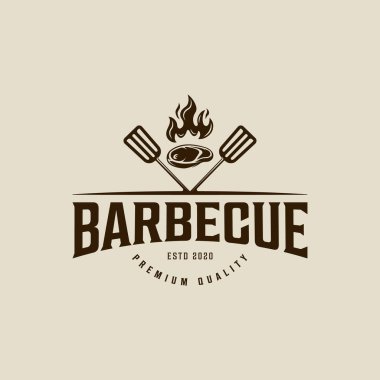 Barbekü logosu, vektör illüstrasyon şablonu ikon grafik tasarımı. Alev ve et spatula işaretli barbekü ızgarası ya da retro tipografi tarzında biftek lokantası sembolü.