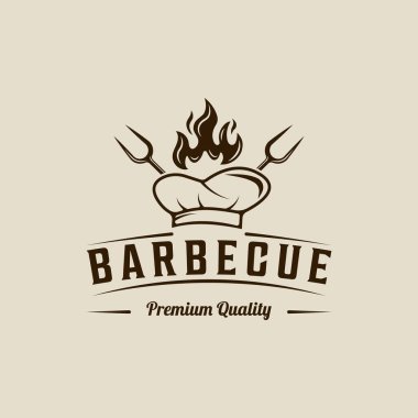 Barbekü logosu, vektör illüstrasyon şablonu ikon grafik tasarımı. Ateşli aşçı şapkalı ızgara spatula ve çatal tabelalı barbekü ya da retro tipografi tarzlı biftek lokantası sembolü.