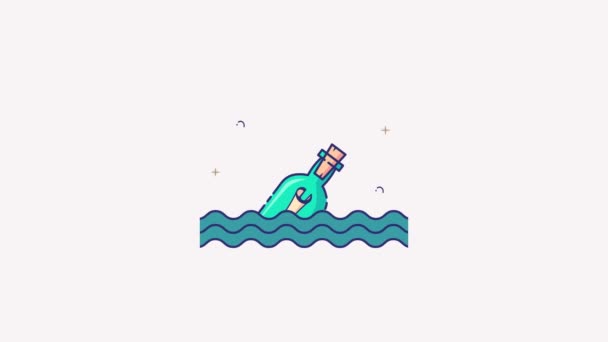 Послание Бутылке Плавающие Воде Анимационное Видео Стеклянная Банка Буква Внутри — стоковое видео